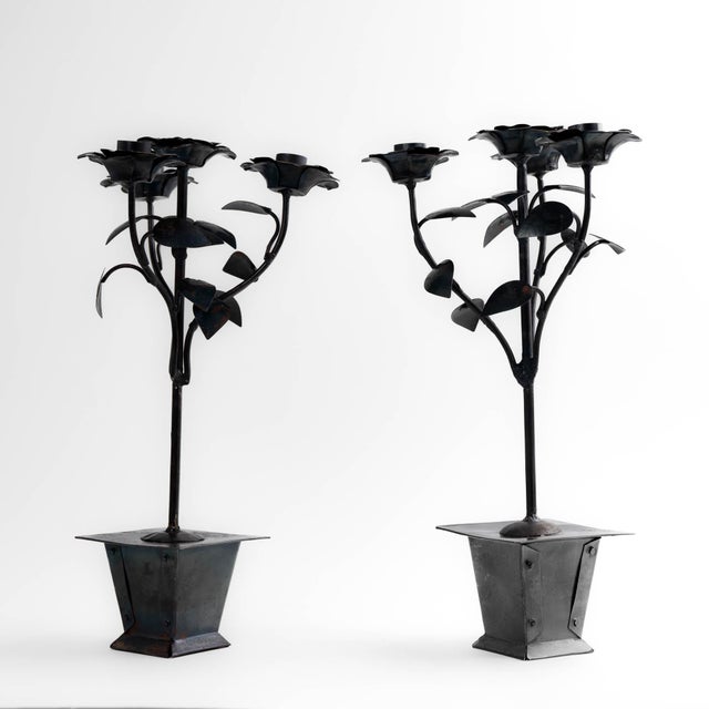 1980s Vintage Hand-Forged Iron Rose Candelabra Set For Sale - Image 5 of 12