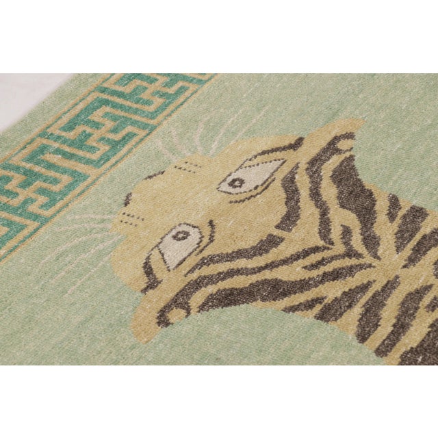 Traditional Rug & Kilim’s Distressed Tiger Rug in Green With Beige and Brown Pictorial For Sale - Image 3 of 9