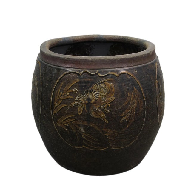Dark Brown Glazed Earthenware Planter With Hand Painted Mystic Birds and Plants For Sale In Greensboro - Image 6 of 6