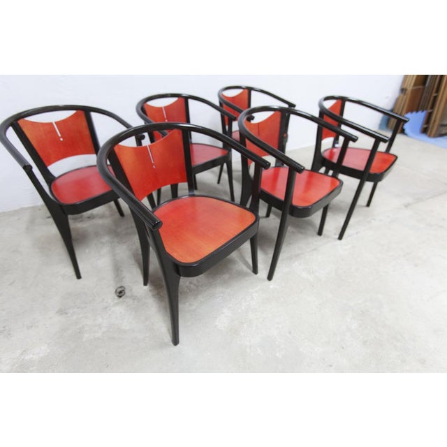 Baumann Armchairs Model Diese in Colour Wengé and Red from Pagnon Pelhaître, Set of 6 For Sale - Image 15 of 18
