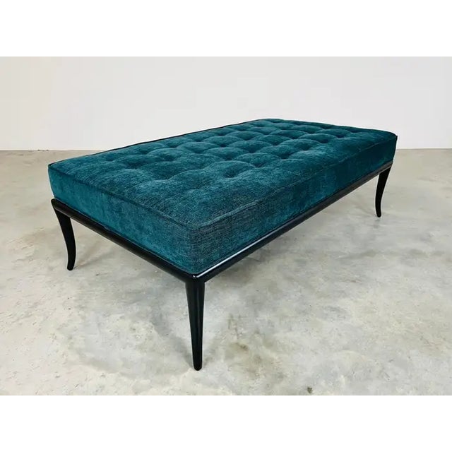 Wood t.h. Robsjohn-Gibbings Teal Blue Velvet Sabre Leg Bench by John Widdicomb For Sale - Image 7 of 10
