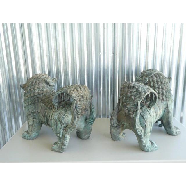 Mid 20th Century Vintage Chinese Vert De Gris Bronze Foo Dogs- a Pair For Sale - Image 5 of 12