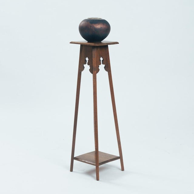 Art Nouveau Oak Plant Stand Pedestal with Intricate Woodwork, 1920s For Sale - Image 4 of 6