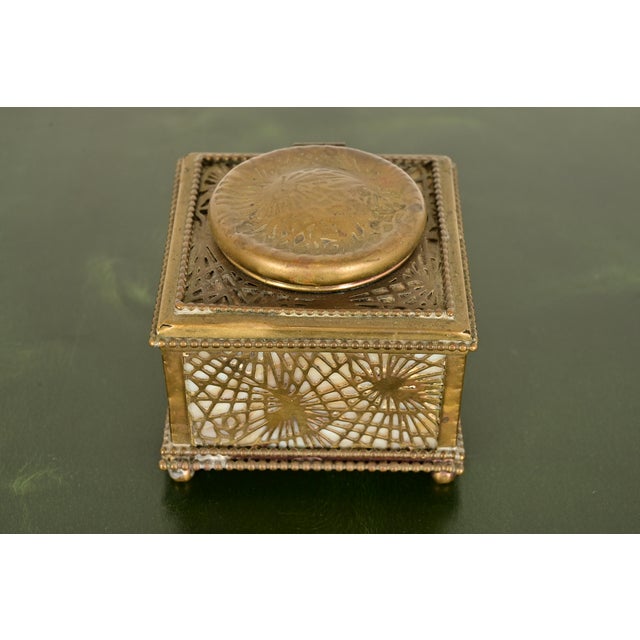 Art Deco Tiffany Studios New York Pine Needle Bronze Doré and Favrile Slag Glass Inkwell For Sale - Image 3 of 12