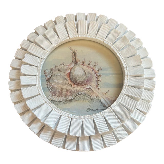 Framed Vintage Seashell Signed Original Painting With Pleated Ribbon Frame For Sale