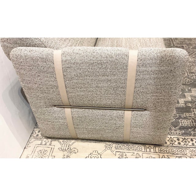 Original retail $3825, stylish Caracole Modern Taupe and Ivory Textured Cigar Club Sofa, tan straps and brushed gold metal...