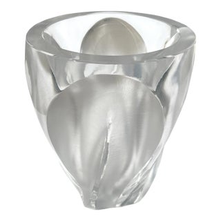 1960s French Signed Lalique Clear and Frosted Glass Ingrid Vase For Sale