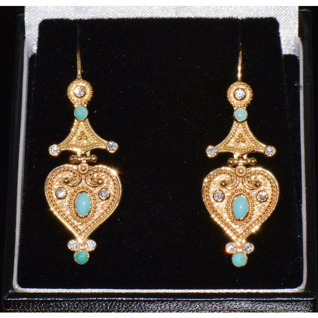 Gorgeous Natural Diamond Turquoise 18k Solid Gold Byzantine Beaded Greek Dangle Earrings, A Pair For Sale - Image 10 of 11