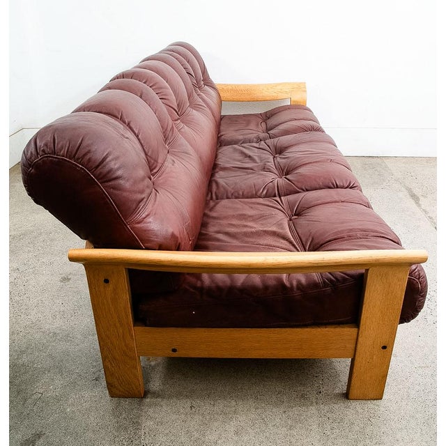 Mid-Century Modern 1960s Mid Century Danish Modern Sofa Couch Oxblood Red Leather 3 Seater Oak Tufted For Sale - Image 3 of 12