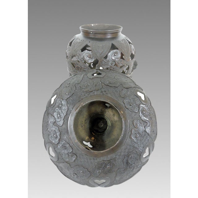Old Japanese Bronze Reticulated Censer / Candle Lamp With Dragons and Clouds, Lantern, 2 Part For Sale - Image 10 of 10