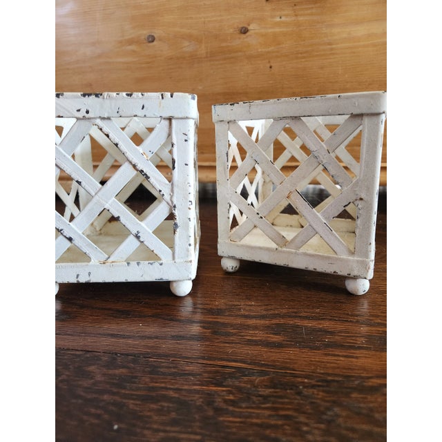Aged English Square Lattice Metal Openwork Ball Footed Planters, a Pair For Sale - Image 10 of 12
