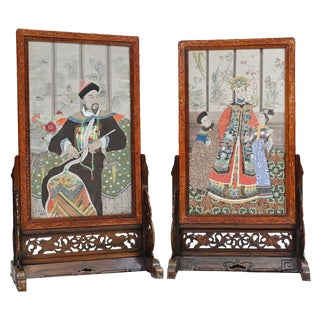 Chinese Silk Woven Hardwood Screens, 1840s, Set of 2 For Sale