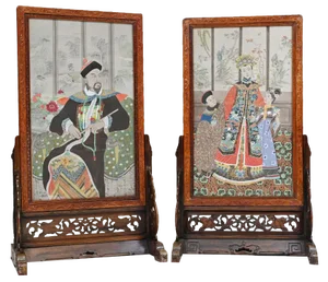 Chinese Silk Woven Hardwood Screens, 1840s, Set of 2