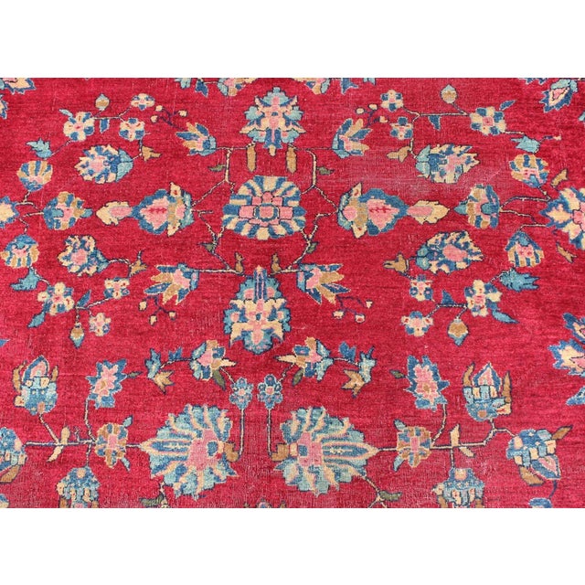 All-Over Floral Design Antique Indian Rug in Red and Blue Tones For Sale - Image 9 of 13