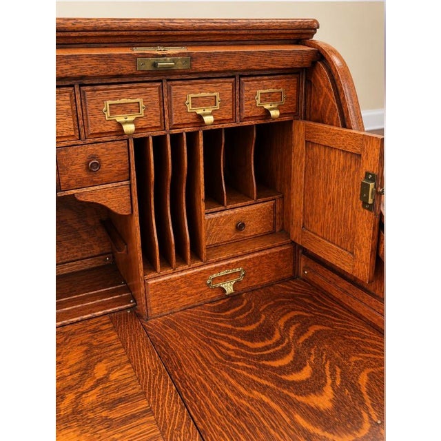 Brown Very Special Antique Smith Premier Roll Top Desk | Quarter Sawn Oak Typewriter Desk | Victorian Office Furniture For Sale - Image 8 of 17