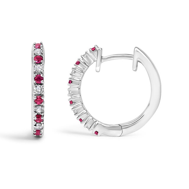 Contemporary 10K White Gold Alternating Diamond and Red Ruby Huggy Hoop Earrings (I-J Color, I1-I2 Clarity) For Sale - Image 3 of 5