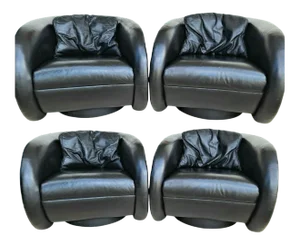 (4) Mid-Century Modern Black Leather Swivel Lounge Chairs by Preview Furniture Co