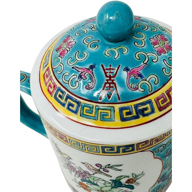 Pair of Vintage Chinese Porcelain Mugs With Lids | Hand-Painted Famille Rose Teacups | Covered Tea Mugs, Made in China For Sale In Tampa - Image 6 of 12