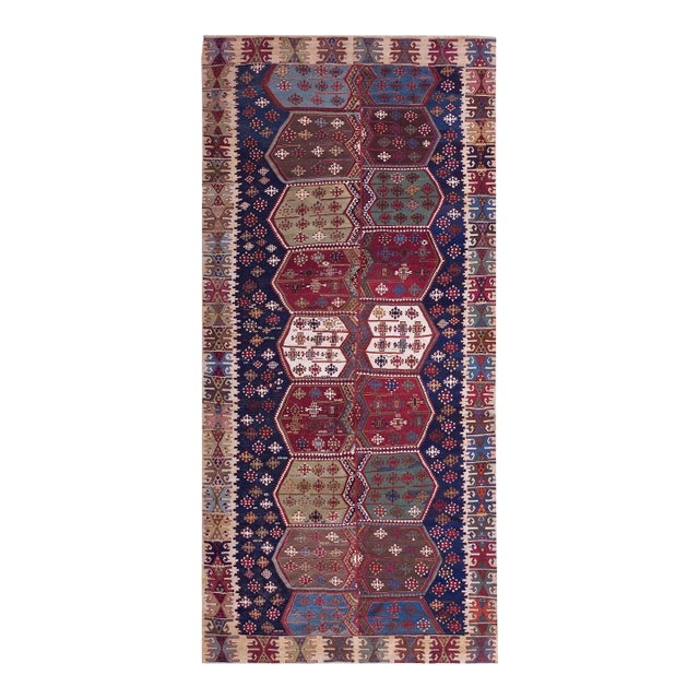 1850s Multicolor Geometric Kilim Antique Turkey Rug Flat Weave Rug 5'0" X 10'8" Wool Carpet For Sale