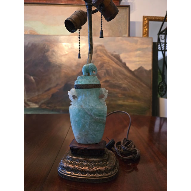 1900 - 1909 Antique Chinese Jade Style Carved Exotic Stone Lamp For Sale - Image 5 of 13