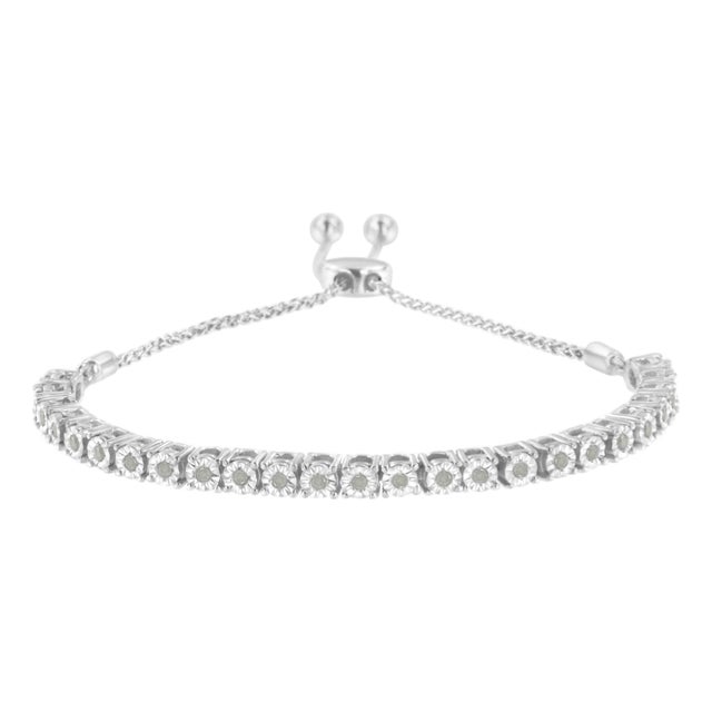 .925 Sterling Silver 1/4 Cttw Miracle-Set Diamond 4”-10” Adjustable Bolo Tennis Bracelet (I-J Color, I3 Clarity) For Sale