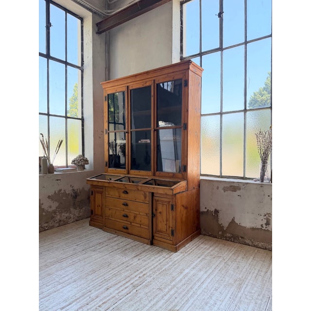 Antique napoleon-era 19th-century glass-fronted grocery store bookcase. we love its extra-large size, with a fairly deep...