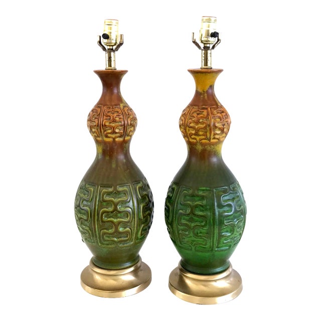 Mid Century Modern Green & Amber Ceramic Table Lamps - a Pair For Sale