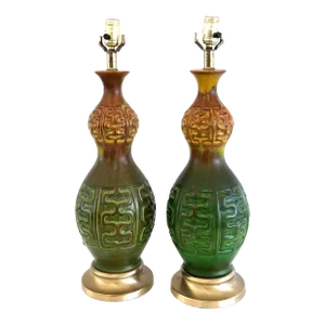 Mid Century Modern Green & Amber Ceramic Table Lamps - a Pair