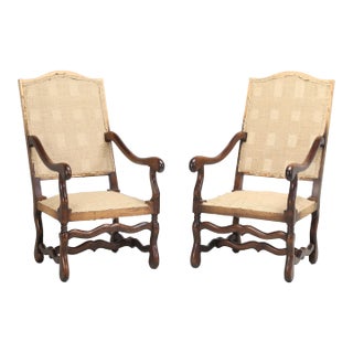 Pair French Os De Mouton Dining Arm Chairs With Restored Frames and Coil Springs For Sale