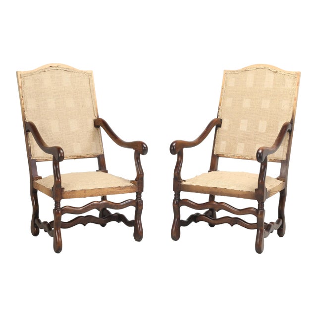 Pair French Os De Mouton Dining Arm Chairs With Restored Frames and Coil Springs For Sale