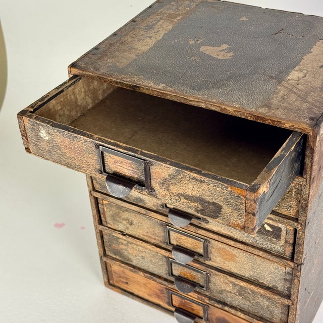 Wood Early 20th C. Antique Six Drawers Desktop Office Cabinet With Remnant Embossed Patterned Paper Over Wood For Sale - Image 7 of 16