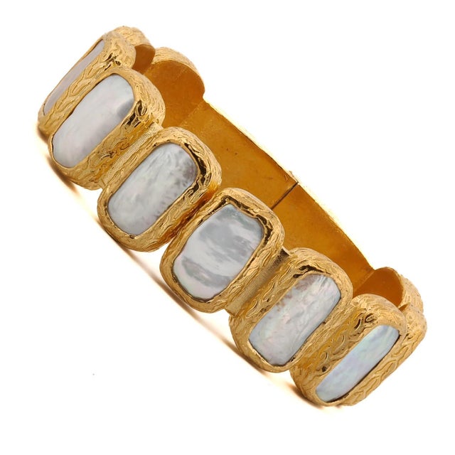 Contemporary Pearl & Gold Elegant Cuff Bangle Bracelet For Sale - Image 3 of 7