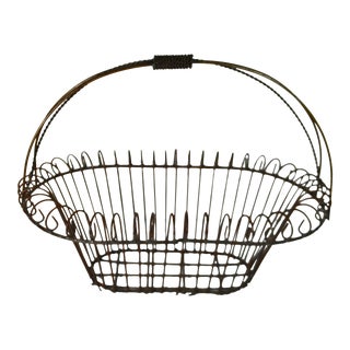 Rustic Farmhouse Large Oval Wire Basket with Fixed Handle & Curlicue Trim For Sale