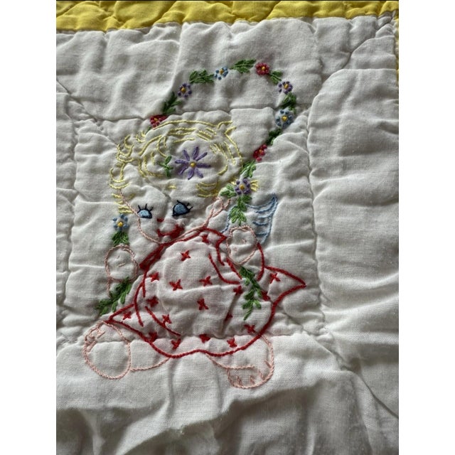 Handmade 1950s Embroidered Vintage Quilt Yellow 60” X 38” For Sale - Image 6 of 12