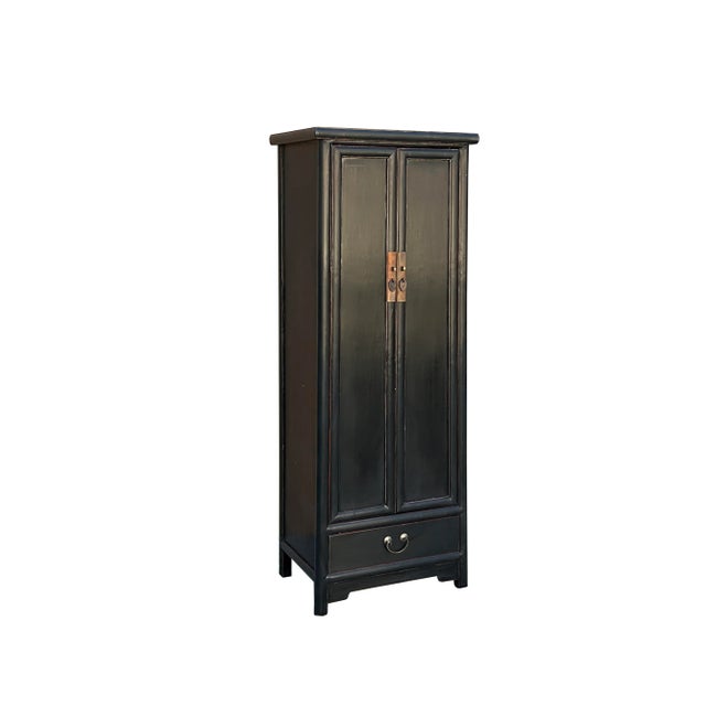 Wood Oriental Classic Slim Black Lacquer Narrow Tall Storage Cabinet For Sale - Image 7 of 8