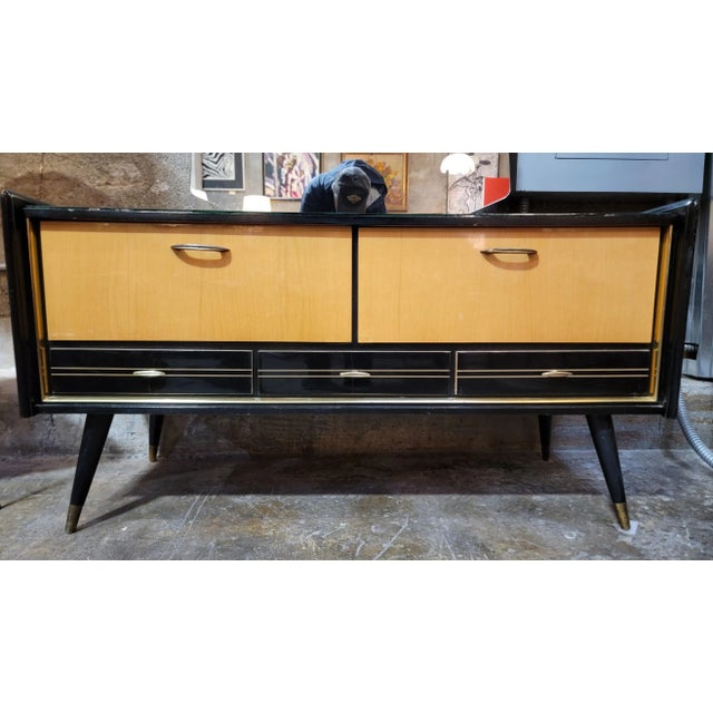 Art Deco style lacquered dressing vanity / dresser with contrasting colors of black and yellow. Large mirror for dressing,...
