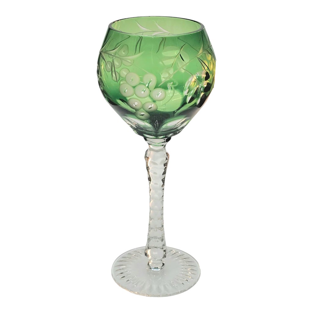 Nachtmann Bleikristall Green Cut to Clear Crystal Wine Glass With Grapes Motif, 8.25” German Stemware