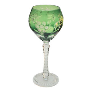 Nachtmann Bleikristall Green Cut to Clear Crystal Wine Glass With Grapes Motif, 8.25” German Stemware