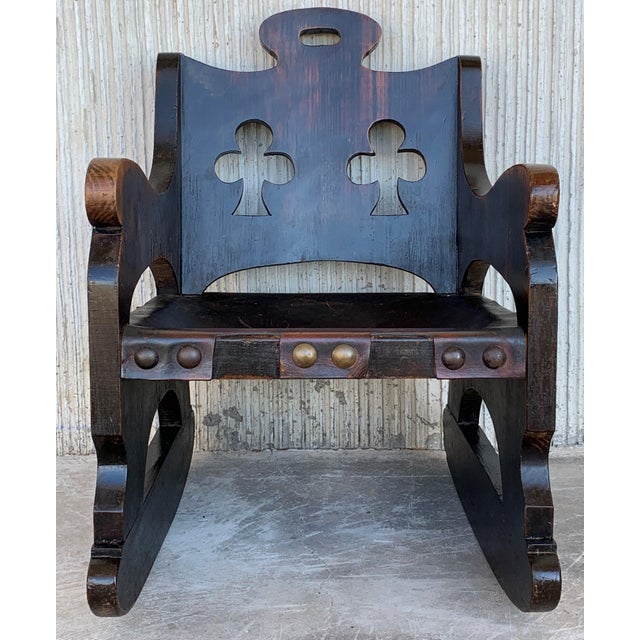 20th Century Carved Walnut Spanish Rocking Chairs Featuring Ace of