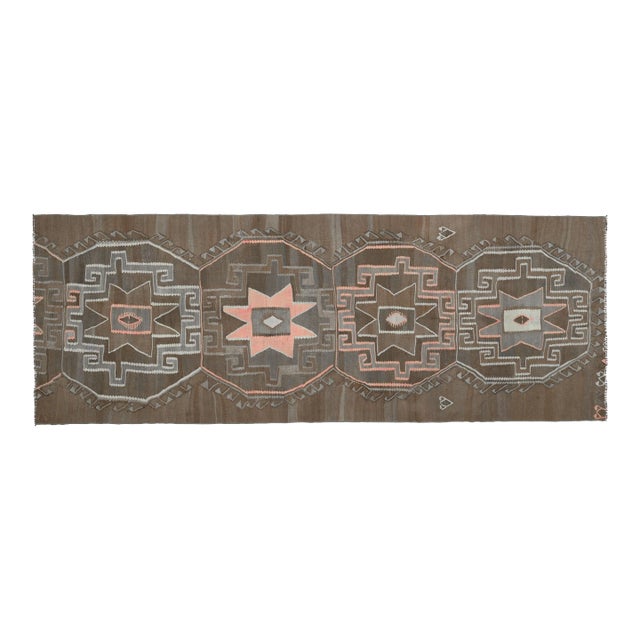 1970s Vintage Turkish Oushak Handmade Wool Cotton Green Runner Rug For Sale