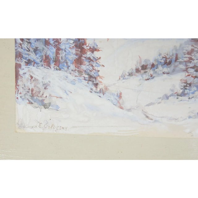 Vintage gouache on paper winter forest landscape painting. Signed E Ozlovsky lower right corner. Illegible pencil note on...