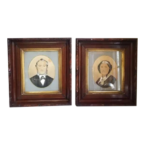 Late 19th Century Primitive Americana Portrait Paintings of a Man and Woman, Framed - Set of 2