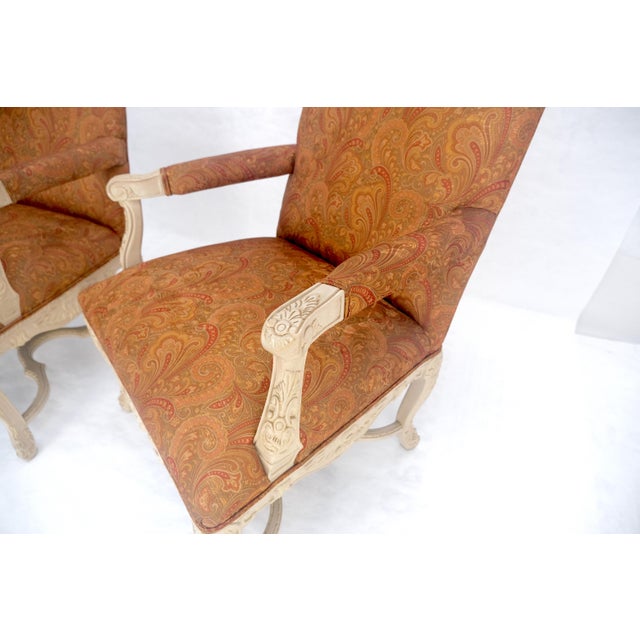 Pair of Fine Carved White Lacquer Rouge Floral Upholstery Arm Club Chairs MINT For Sale - Image 9 of 13