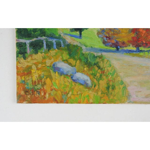 Vintage mid 20th century Albany Maine oil on canvas board landscape painting. Signed Carrie Richardson lower left corner...