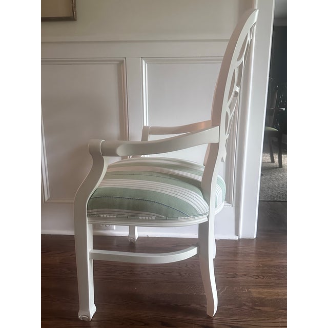 Neoclassical Pair of White Oval Spider Back Chairs Newly Upholstered in Schumacher Green & White Audrey Stripe For Sale - Image 3 of 8