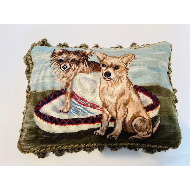 Textile Vintage Throw Decorative Needlepoint Chihuahua Dogs Design Pillow For Sale - Image 7 of 11