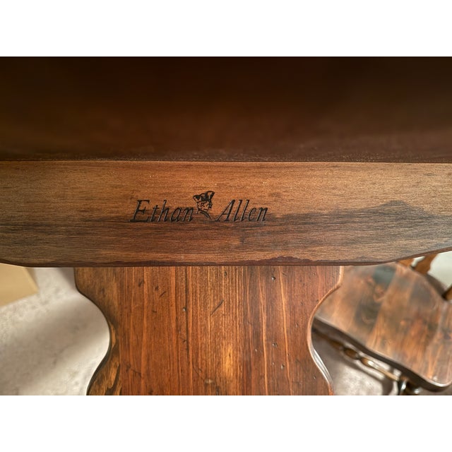 Cabin Final Price Reduction on 1970s Ethan Allen Old Tavern Antiqued Pine Trestle Dining 5' Table With 6 Original Matching Chairs For Sale - Image 3 of 7