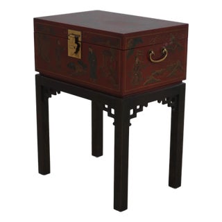 Drexel Hollywood Regency Chinoiserie Red Lacquered Chest on Stand For Sale