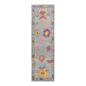 Modern Oushak Handmade Lavender Floral Wool Runner