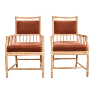 Pair of McGuire Cerused Rattan Mohair Library Armchairs